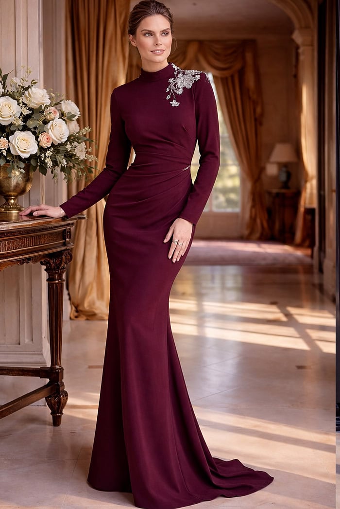 glamorous prom dress front view with shimmering embellishments and slim fit